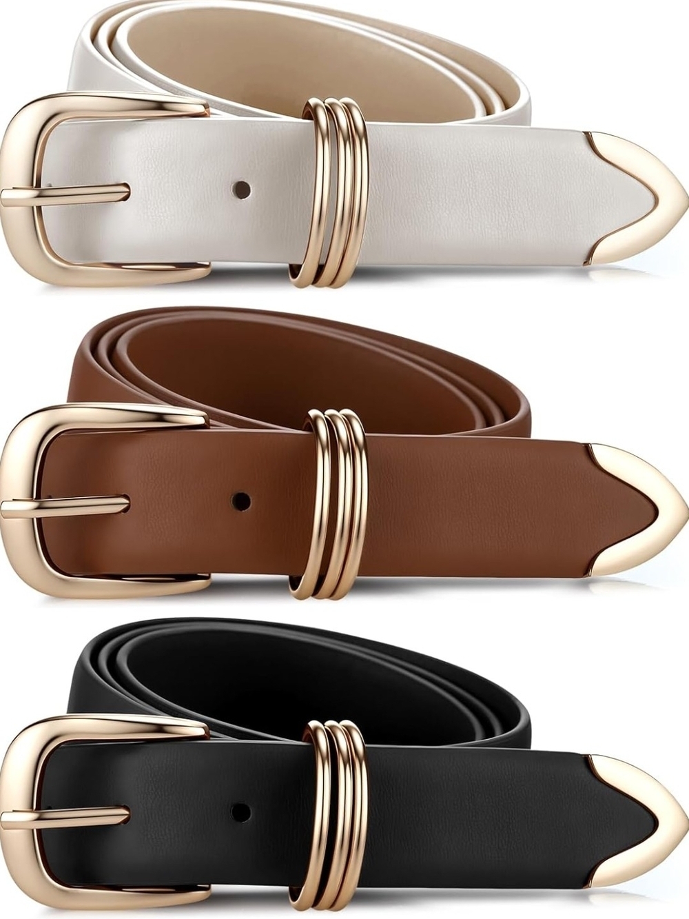 3 Pcs Classic LeatherBelts - White, Brown, Black